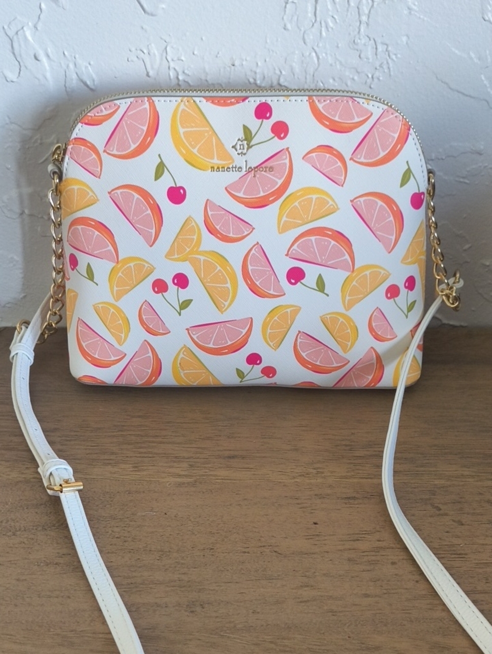 Nanette Lepore White Citrus Print Crossbody Bag with Pink & Yellow Accents